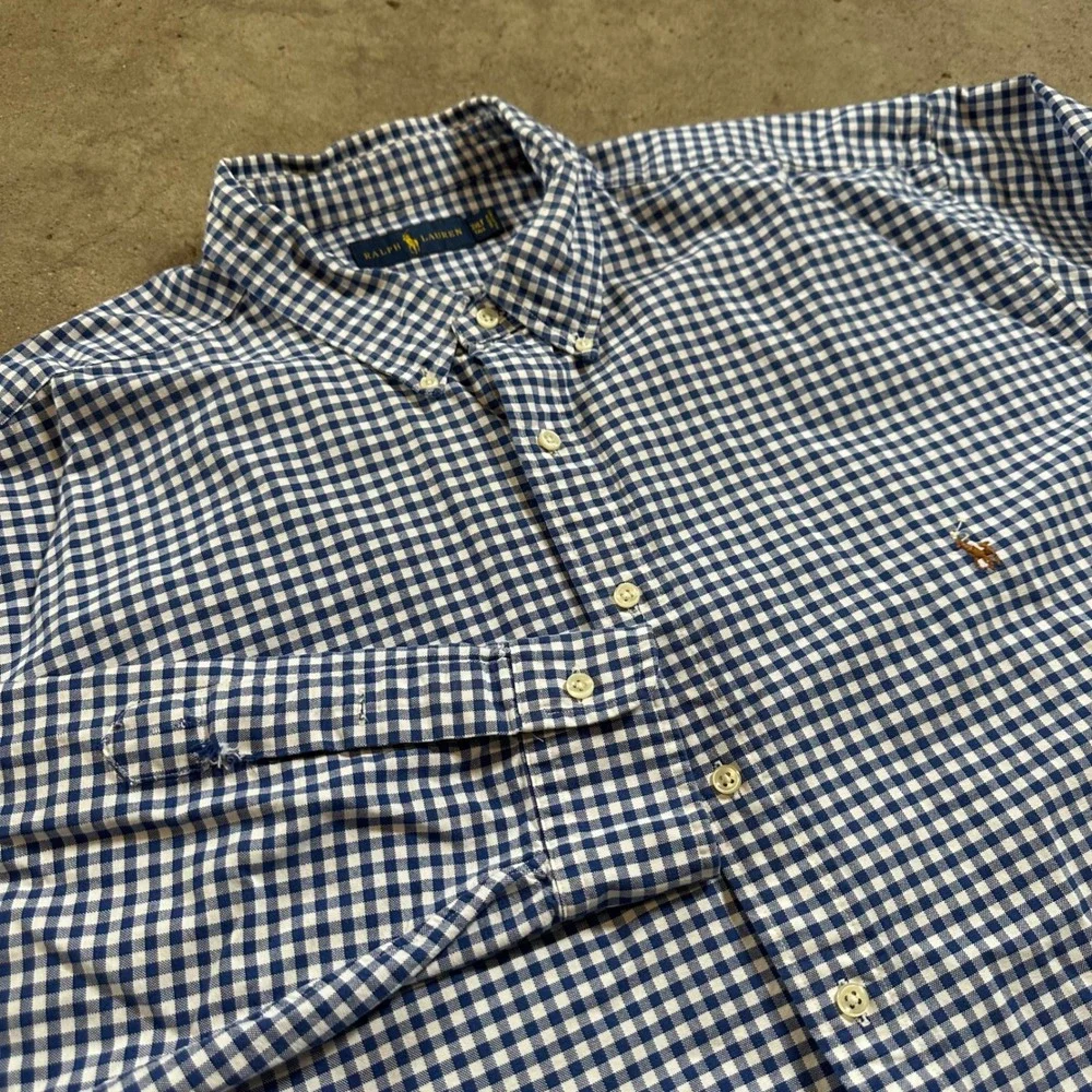 Ralph Lauren Button Down Men 3XLT Blue Gingham Check Plaid LS Shirt Flesh Pony - Picture 2 of 11